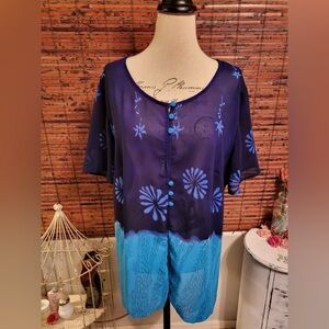 Blue Floral Sheer Button-Up Blouse/Cover Up